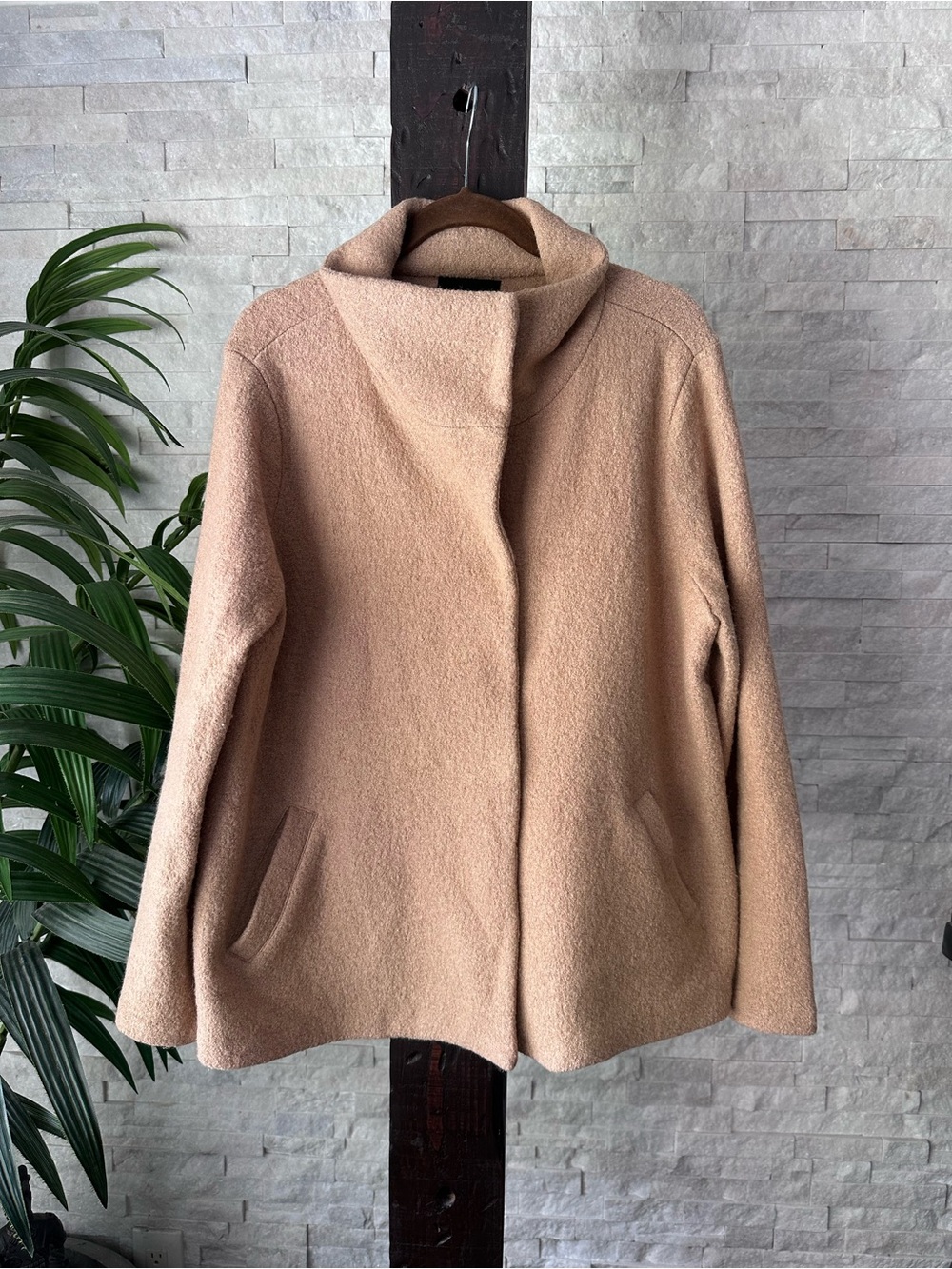 Cynthia ROWLEY Camel Wool-Blend Funnel Neck Coat Size Large